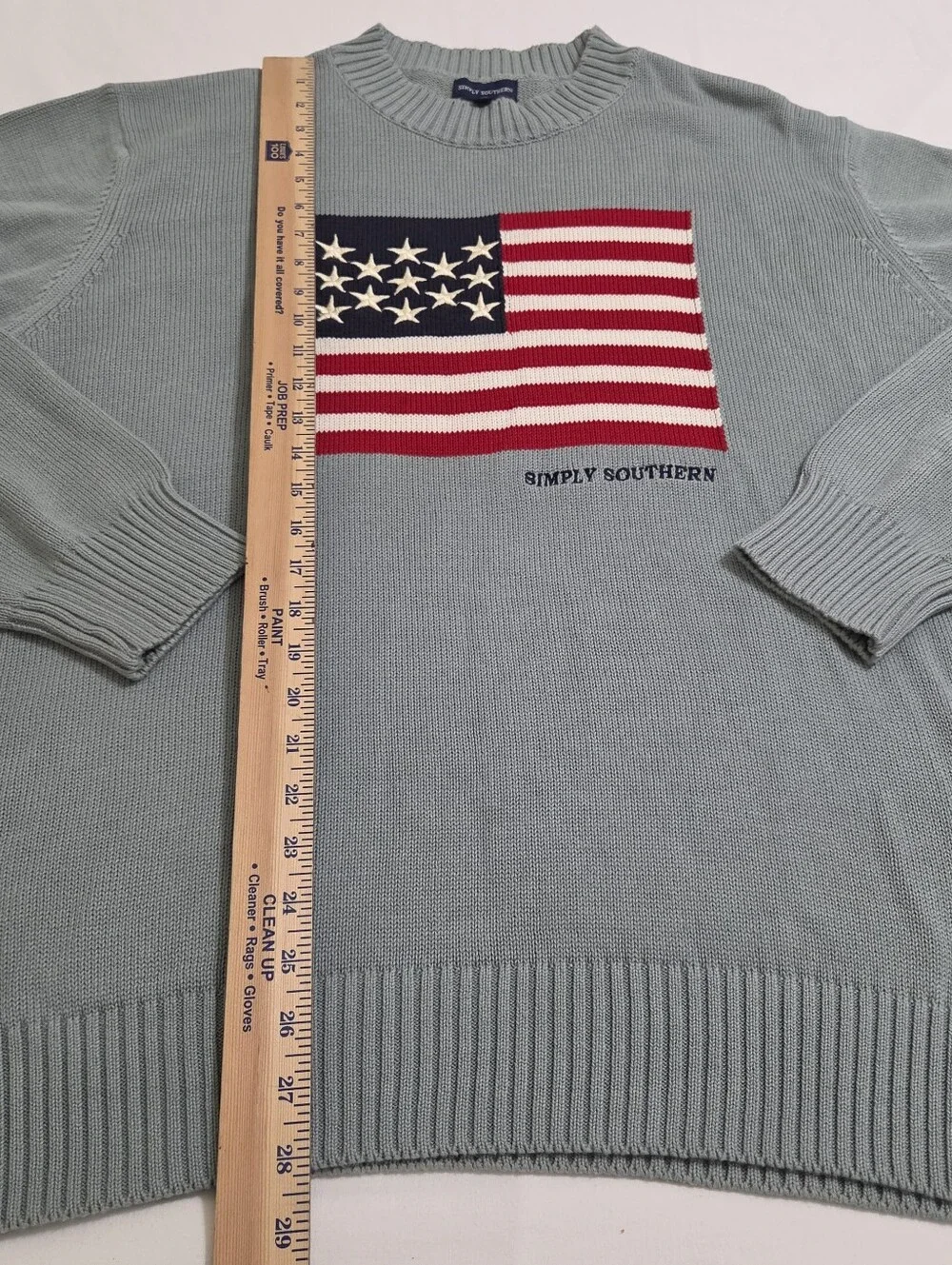Simply Southern Men's Sweater Light Blue Crewneck with American Flag Size XL